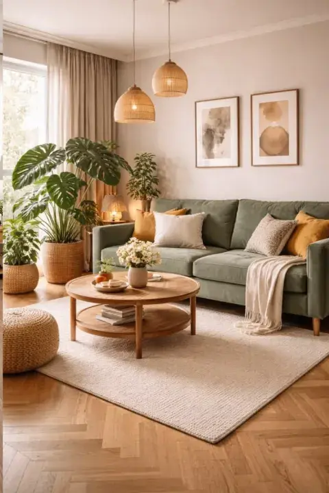 Living decorado con tonos verde oliva y colores crudos.jpg Living decorado con tonos verde oliva y colores crudos.jpg