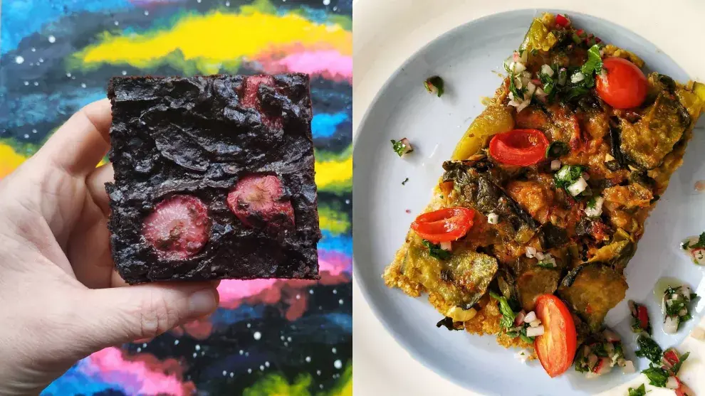 Brownie de porotos negros con frutillas. Pizza de Mijo.