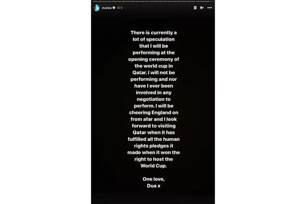 Dua Lipa compartió sus motivos a través de una story en Instagram.