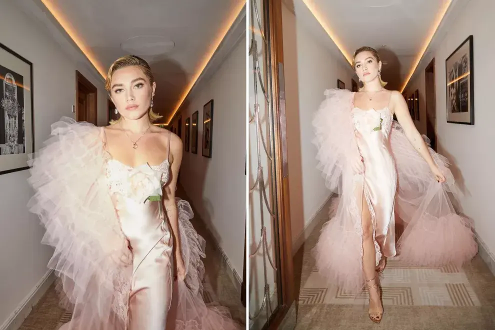 Florence Pugh previo a su paso por la alfombra roja.