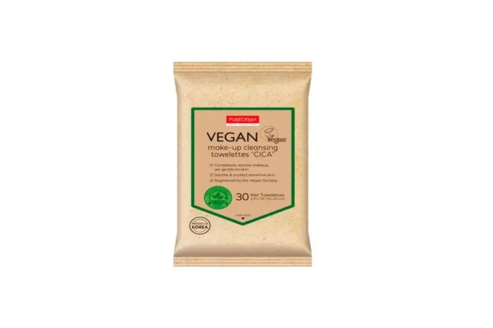 Purederm Vegan son biodegradables y retiran maquillaje waterproof, además de tener ingredientes hidratantes y centella asiática regeneradora. Precio $1100