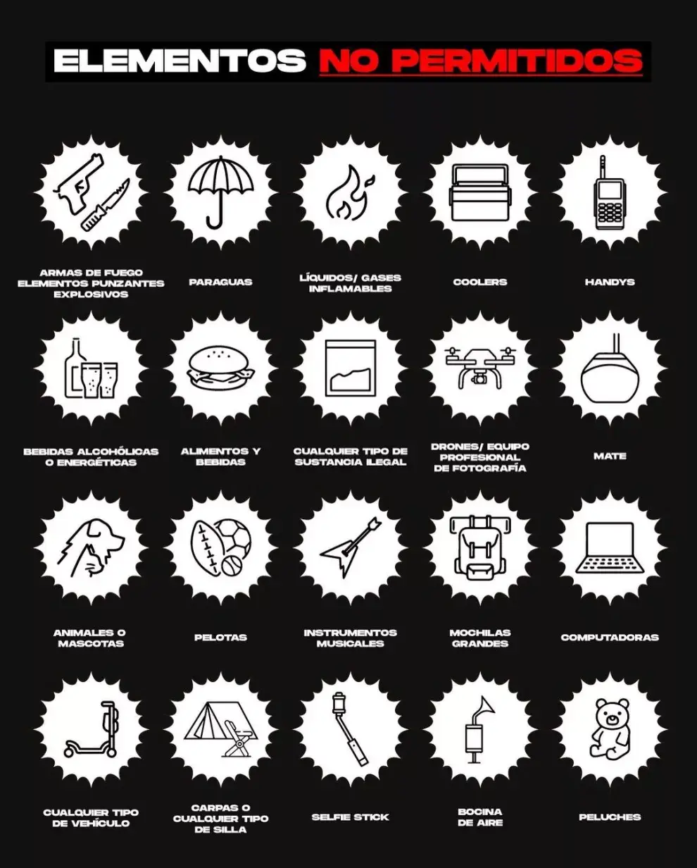 Objetos no permitidos para el recital.