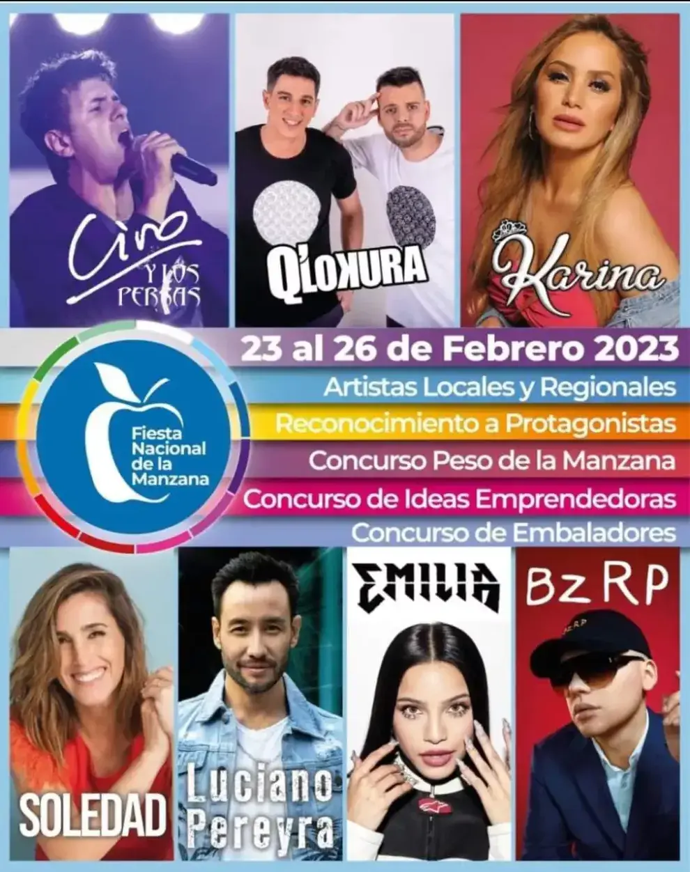 El flyer con la grilla de artistas de la Fiesta Nacional de la Manzana 2023.