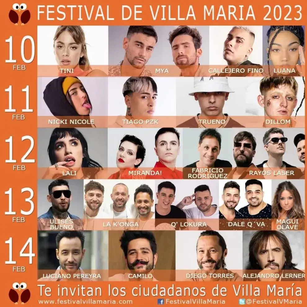 Festival de Villa María: el line up completo de los artistas.