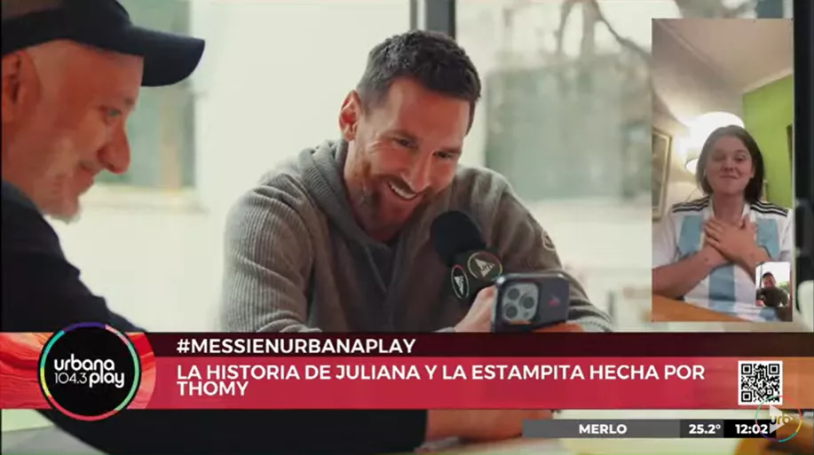 Andy Kusnetzoff, Lionel Messi y Juliana, hablando por videollamada.