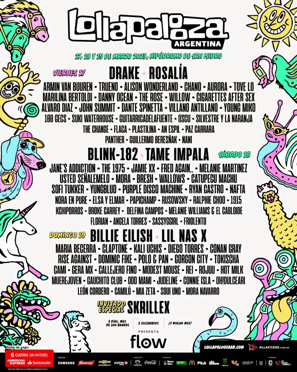 Los artistas que tocarán en cada fecha del Lollapalooza 2023.