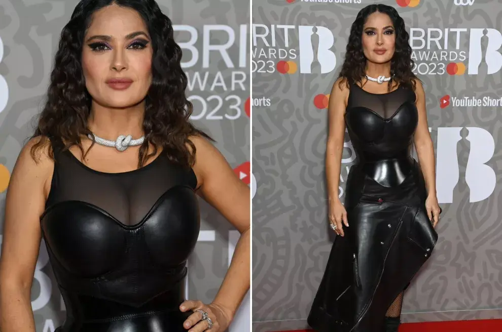 Con un corset y pollera de cuero, Salma Hayek se sumó al total black.