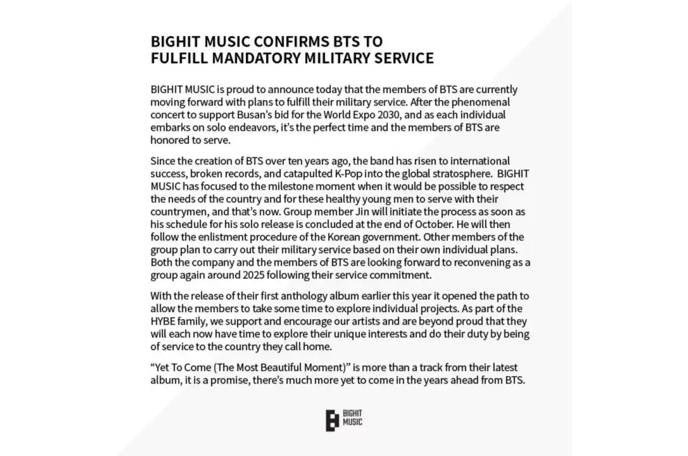 El comunicado de la cuenta oficial de BTS.