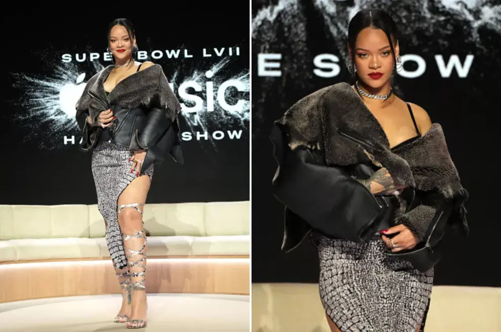 El outfir de Rihanna para la conferencia de prensa del SuperBowl.