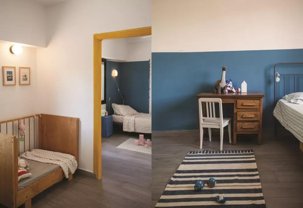 El amarillo y los tonos azules fueron los elegidos para unificar la deco de los dormitorios.