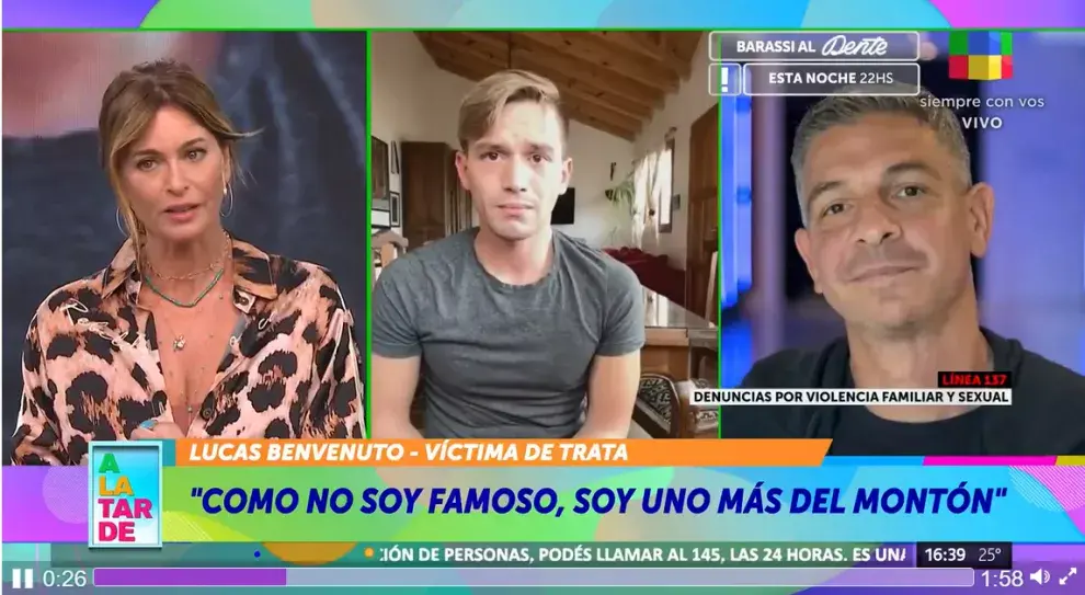 Lucas Benvenuto en el programa A la tarde, donde hizo pública su denuncia por abuso sexual contra Jey Mammon.