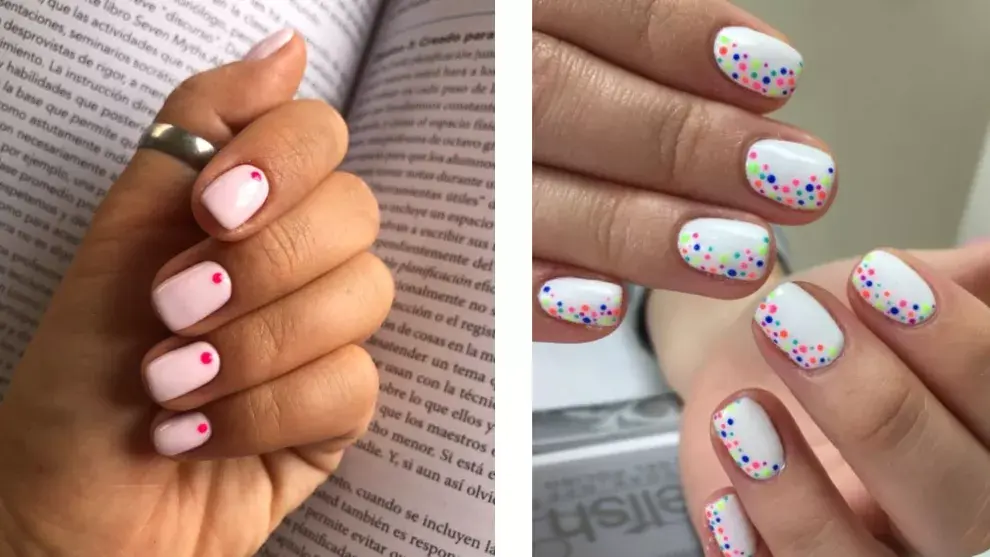 Los puntitos de colores pueden ser una gran opción fácil y rápida de darle un toque divertido a tus uñas. Podés usar un puntito solo o llenar tus dedos con muchos de ellos.