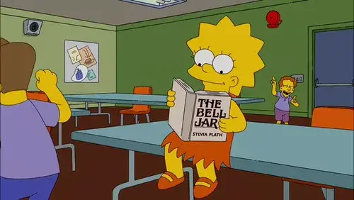 Lisa Simpson leyendo "La campana de cristal" de Sylvia Plath.