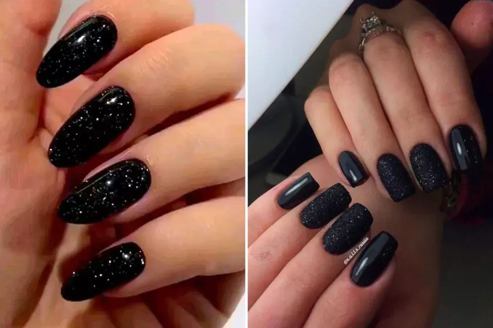 Una opción muy divertida es agregra glitter a tu color negro. Puede ser con esmalte que ya lo tiene incorporado o que vos lo agregues y después hagas una capa de esmalte transparente.