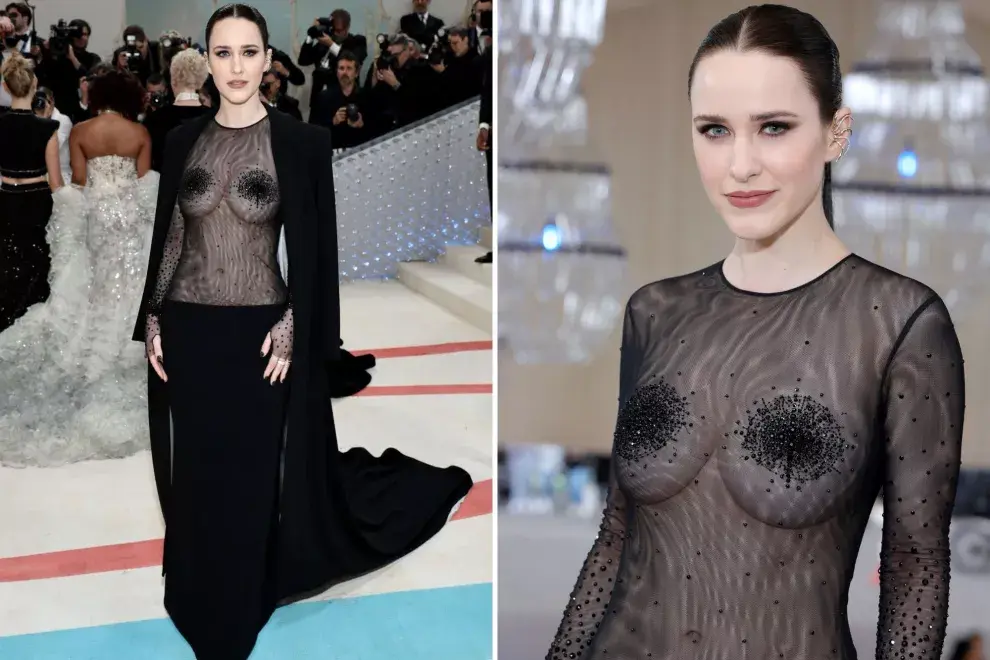 Rachel Brosnahan con un look tiro bajo y transparencias.