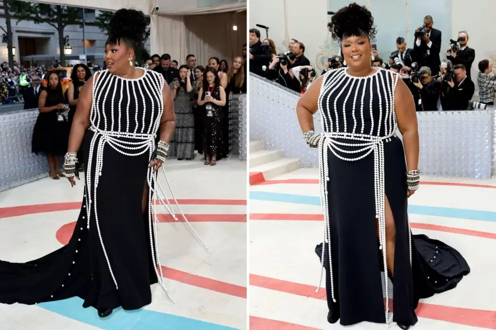 Lizzo eligió un diseño negro y perlas para su estilismo de la MET Gala.