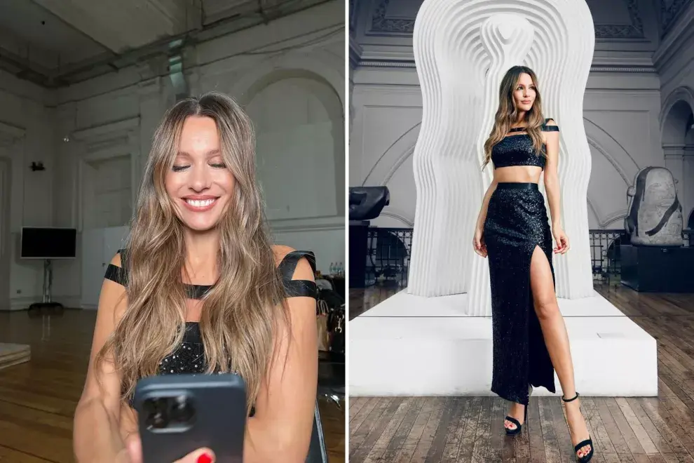 Total black y con un vestido de dos piezas, este outfit se suma a la tendenica de los brillos y de los cuts, dejando parte del cuerpo a la vista. ¡Súper sexy!