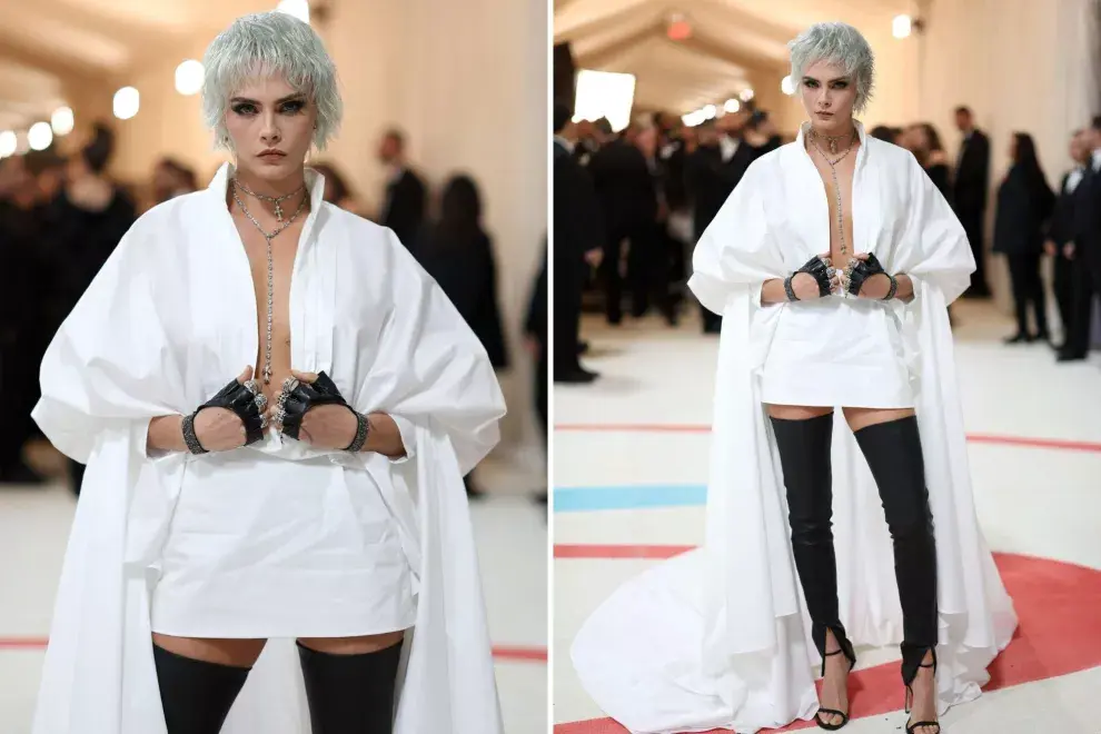 Cara Delevingne resignificando la camisa blanca junto a Hun Kim, Director de Diseño de la firma Karl Lagerfeld