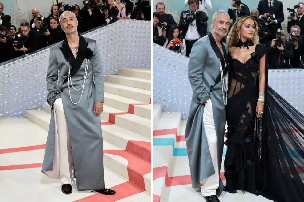 Taika Waititi y Rita Ora en la alfombra champagne.