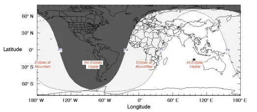 Informe de la NASA que muestra la zona (blanca) donde será visible el eclipse de Luna