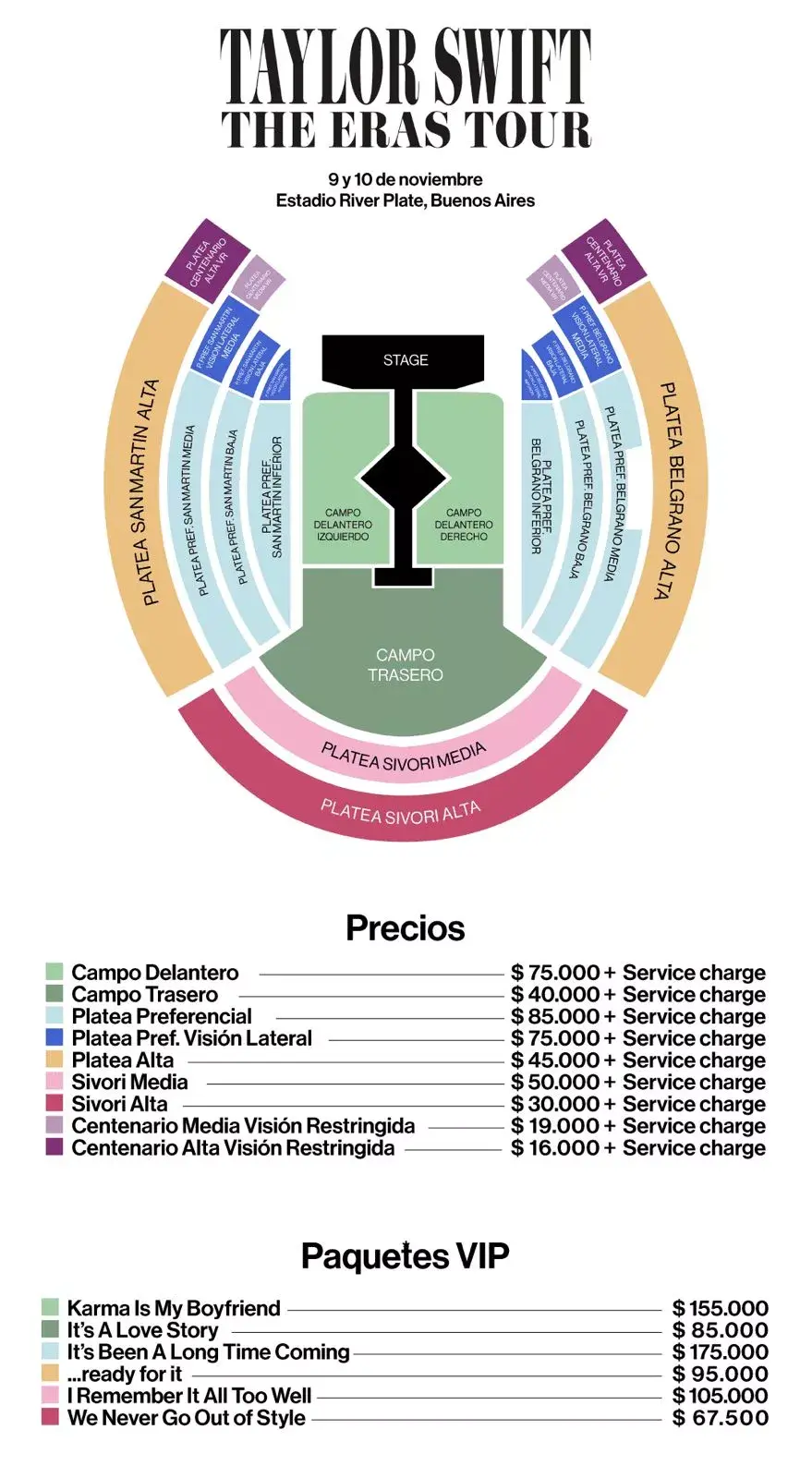 La lista de precios de las entradas para Taylor Swift.