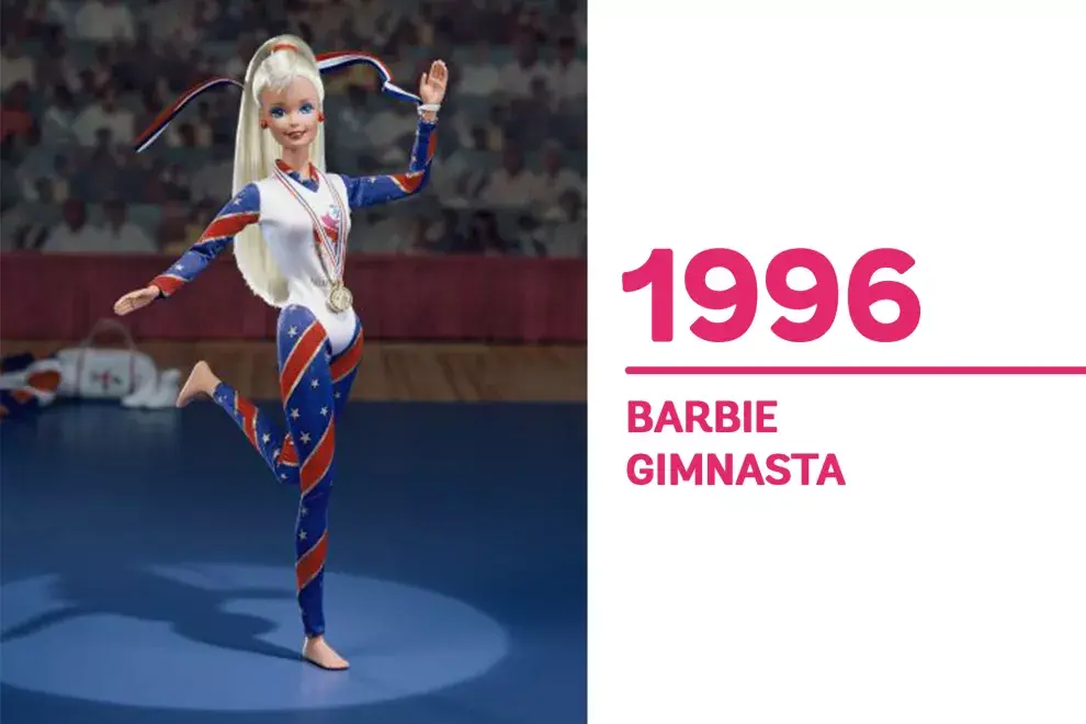 1996 En el marco de los Juegos Olímpicos de Altlanta (EEUU) de 1996, Mattel lanzó su "Barbie Gimnasta" para reconocer a su equipo olímpico de gimnasia. 