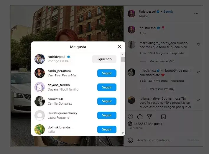 Rodrigo De Paul reaccionó a la publicación de Tini Stoessel. 