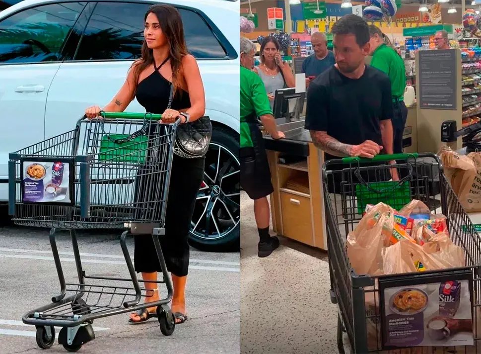 El look de Antonela Roccuzzo y Leo Messi en el supermercado.