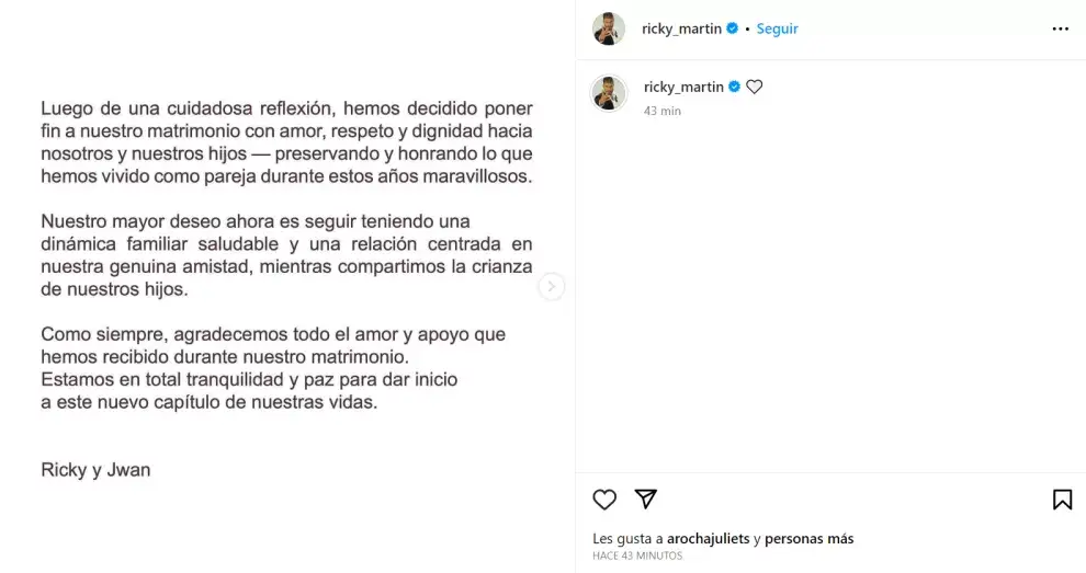 Ricky Martin anunció que se separa de su marido Jwan Yosef.