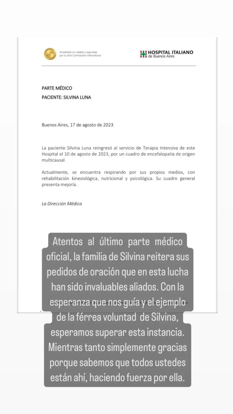 El nuevo y alentador parte médico de Silvina Luna.