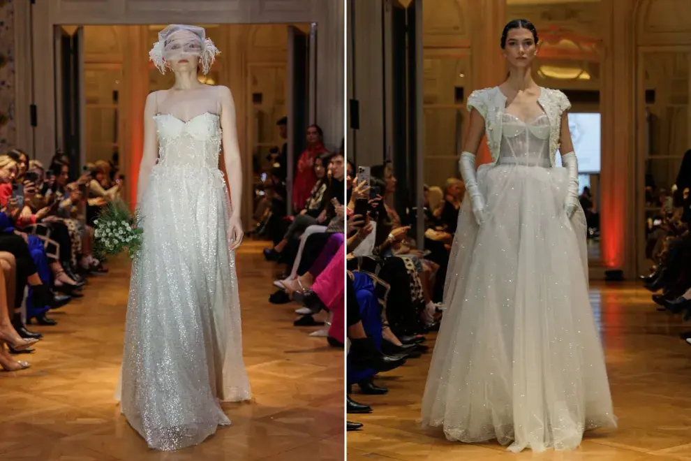 Foto izquierda: Fabián Zitta en Bridal Runway Latam 2023. Foto derecha: María Pryor en  Bridal Runway Latam 2023.