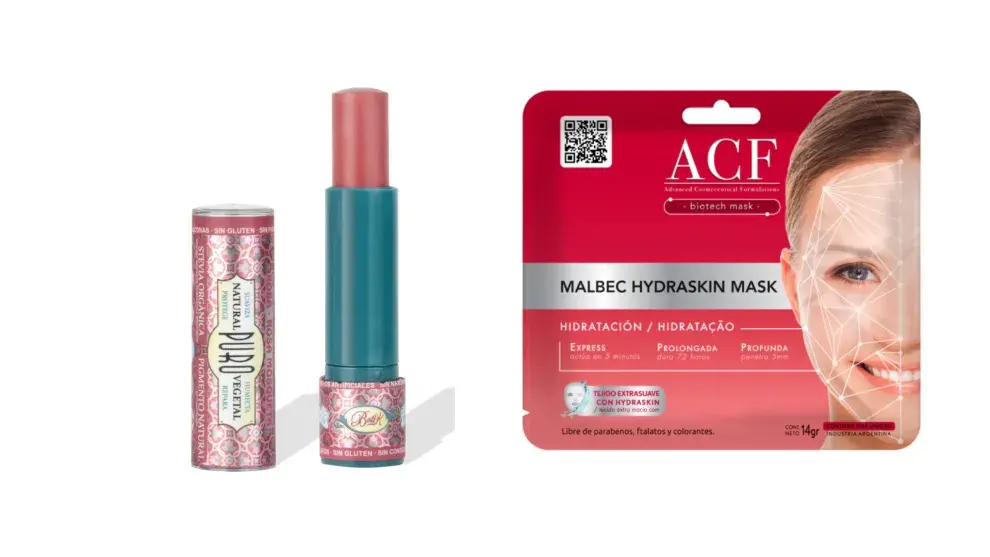 Izquierda: Bálzamos labial de rosa mosqueta (Puro). Derecha: Malbec Hydraskin Mask (ACF)