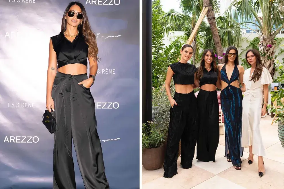 La influencer eligió un look sastrero hecho en satén para asistir a un evento con amigas en Miami, entre las que se encontraba Victoria Beckham