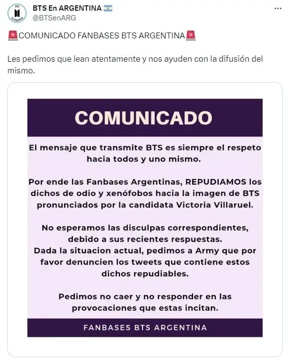 El descargo de la ARMY tras los dichos de Victoria Villarruel.