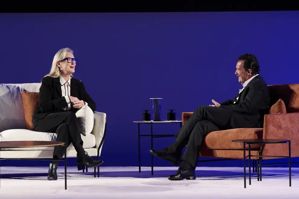 Meryl Streep y Antonio Banderas en el evento  'Sin guion. Encuentro con el público'. 