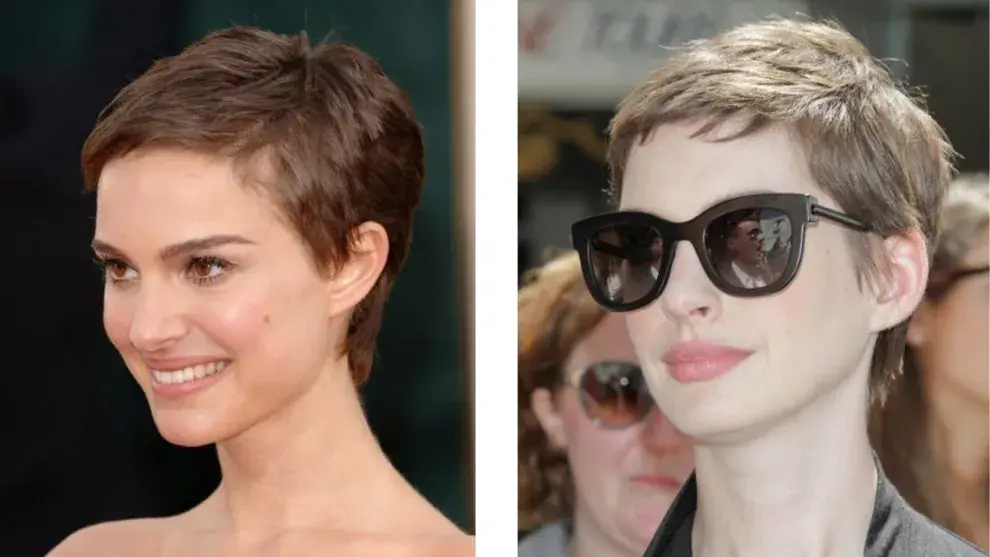 Natalie Portan y Anne Hathaway lucen un pixie clásico con flequillo bien corto.