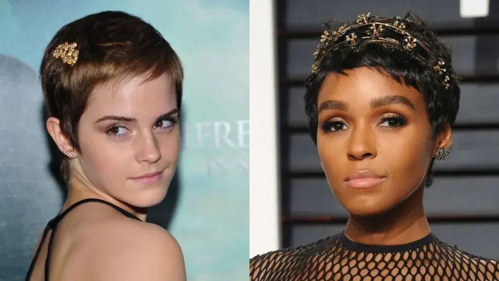 Emma Watson y Janelle Monáe accesorizan sus pixies con vinchas y broches dorados.