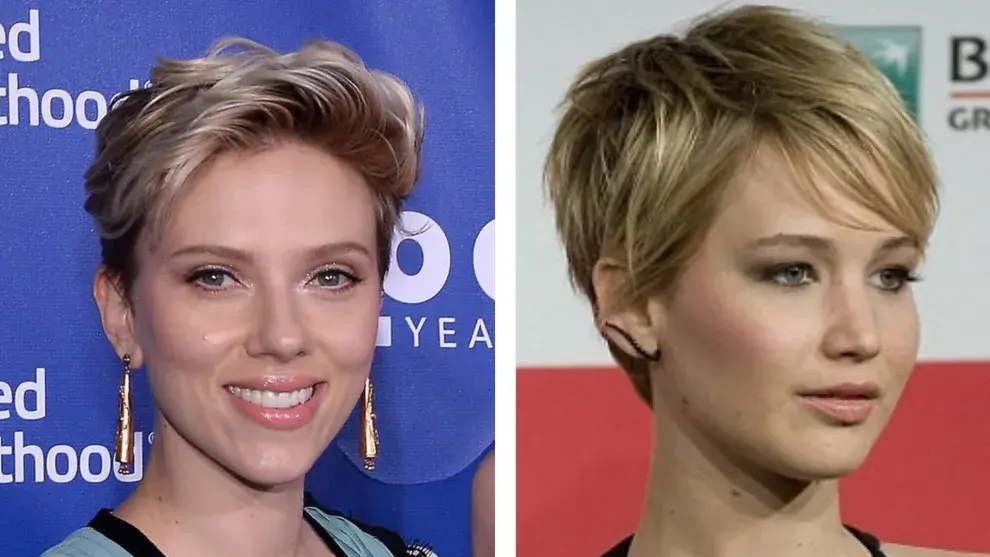 Scarlett Johansson y Jennifer Lawrence llevan su pixie con flequillo largo peinado al costado.