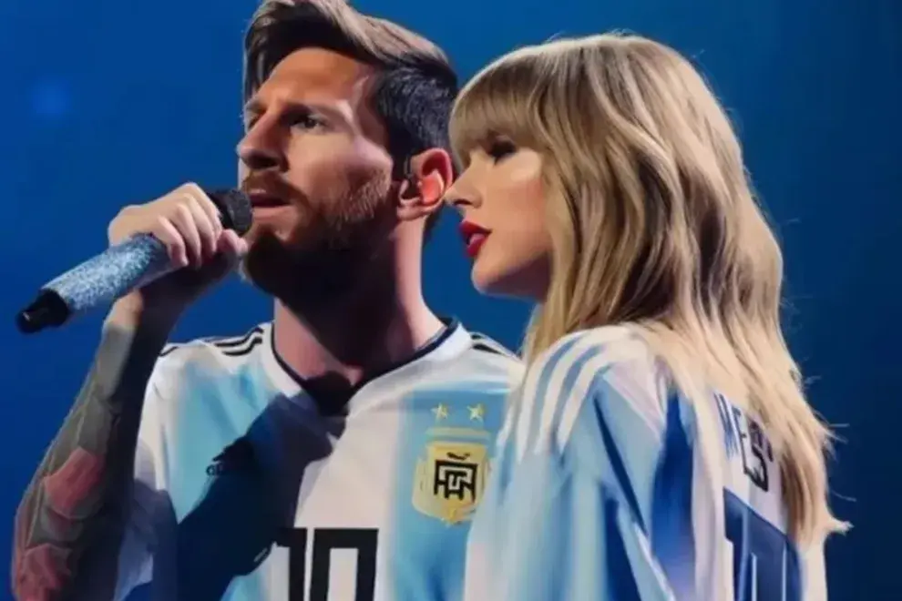 La primera imagen imagina a Lio y Taylor en mood argento con la camiseta de la Selección.