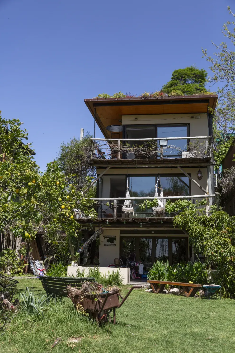 La casa cuenta con un techo verde que optimiza el aislamiento térmico.