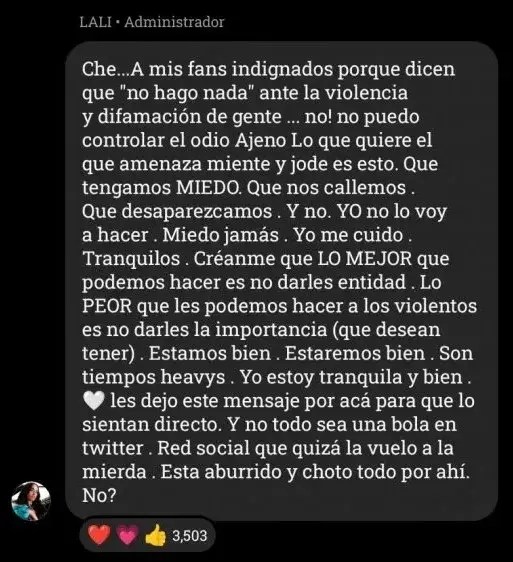 El descargo de Lali Espósito.
