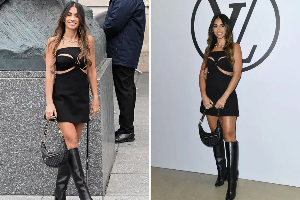 Botas altas, cartera en forma de luna y un vestido mini con cortes, fue el look que eligió para el desfile de Louis Vuitton.