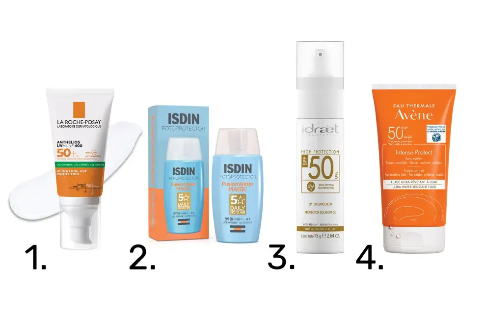 1. Anthelios (La Roche-Posay, $19.100), 2.Fusion Water Magic (Isdin, $22.050), 3. Protector solar SPF 50 (Idraet, $19.000), 4. Intense Protect (Avene, $20.923).