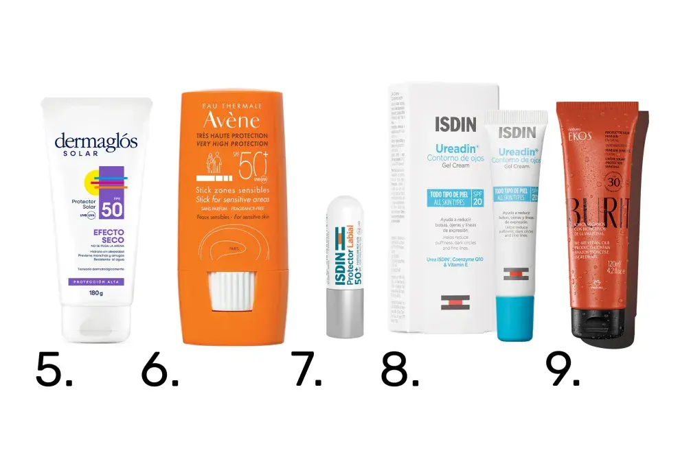 5. FPS 50 Efecto seco (Dermaglós), 6. Stick zonas sensibles FPS 50 (Avène, $10.495), 7. Protector labial (Isdin, $6552), 8. Ureadin para contorno de ojos, (Isdin, $24.145), 9. Ekos Buriti (Natura, $10.470). 