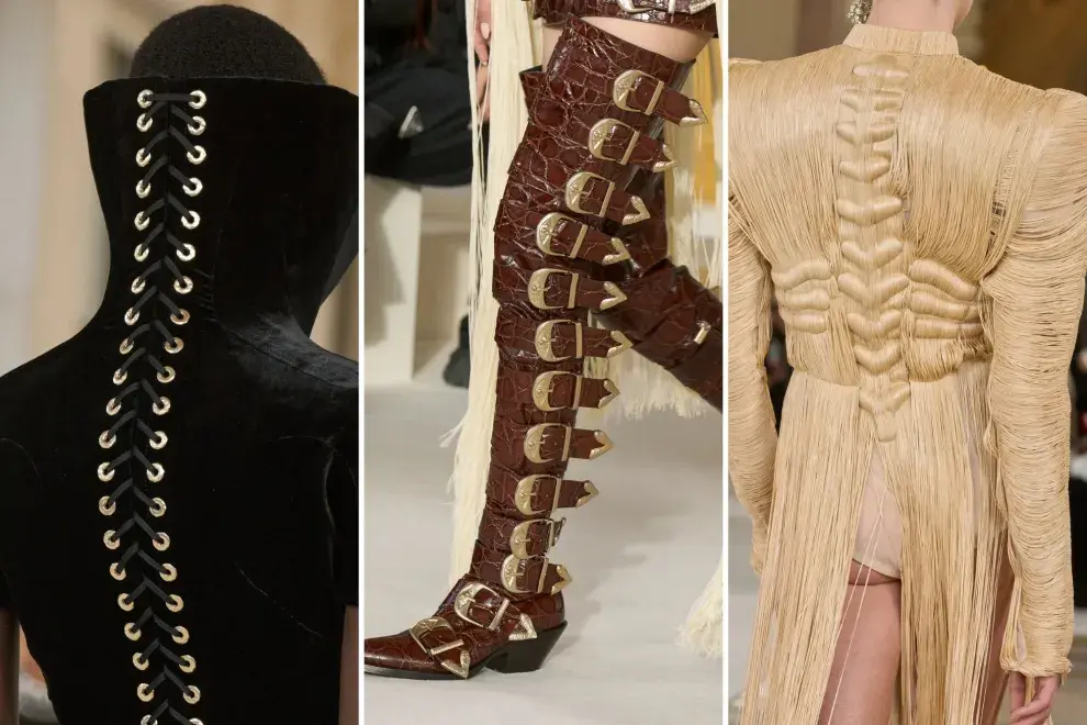 Haciendo doble clic en los detalles de los looks, Schiaparelli aprovechó para sobrecargar con cordones, nudos y hebillas.