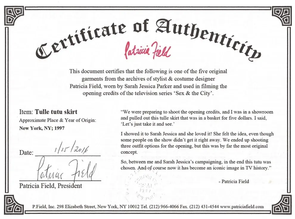 El certificado de autenticidad del tutú que se subastó de Sarah Jessica Parker en Sex and the City.