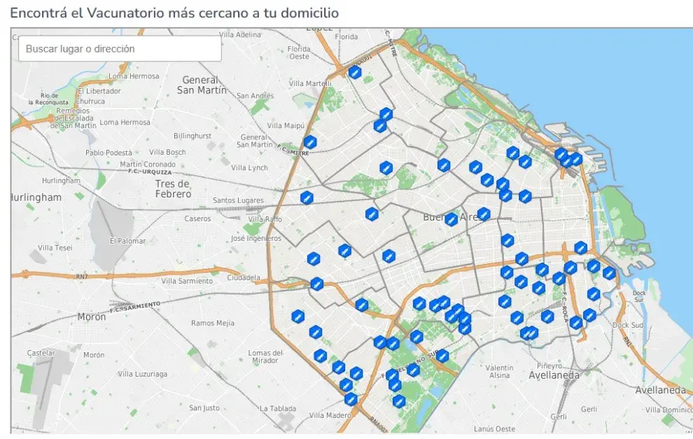 Mapa de vacunatorios de CABA.