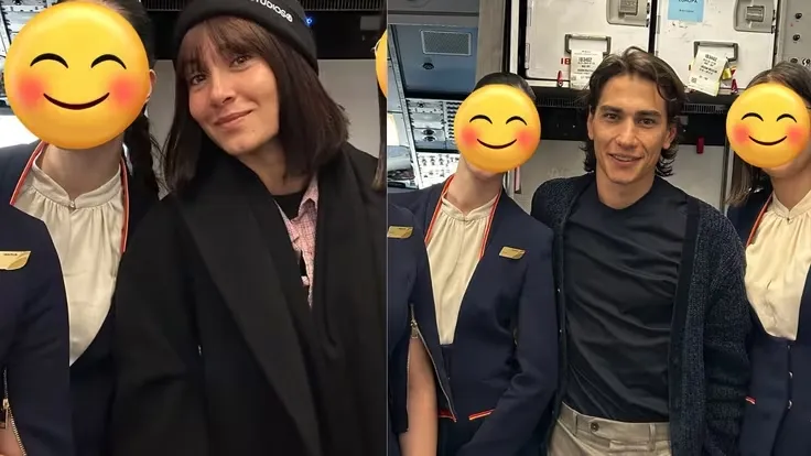 Aitana y Enzo con la tripulación del vuelo de Madrid a París.