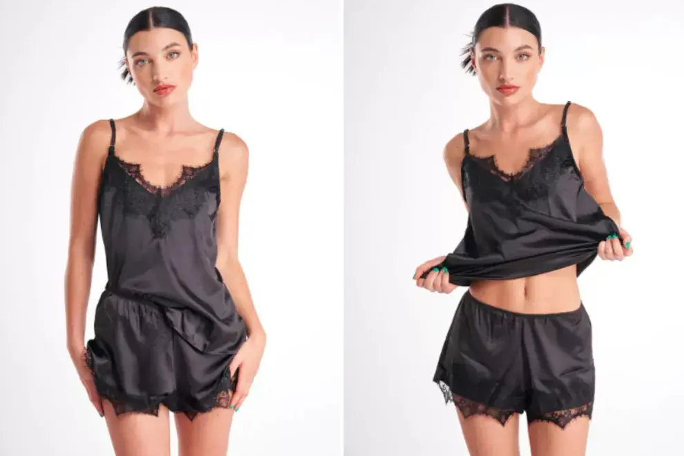 El little white dress de la ropa interior: un clásico sensual que nunca falla y que es obligatorio tener en el guardarropas: dos piezas negro de satén y puntilla. La musculosa tiene breteles regulables y la cintura del short es elastizada. Pompavana