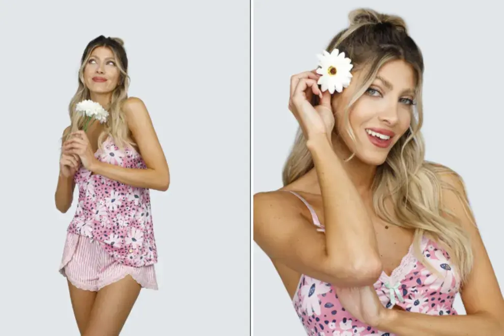 En un rosa composé de rayas y flores, este pijama es una alternativa sexy al clásico negro. So Pink!